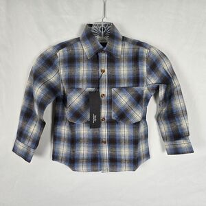 Mcedar Button Down Boys 3-4 Y Blue Gray White Plaid Pockets Button Cuffs NWT